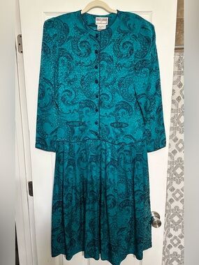 VTG Maggy London Teal Paisley Silk Button Up Drop Waist Midi Secretary Dress 8